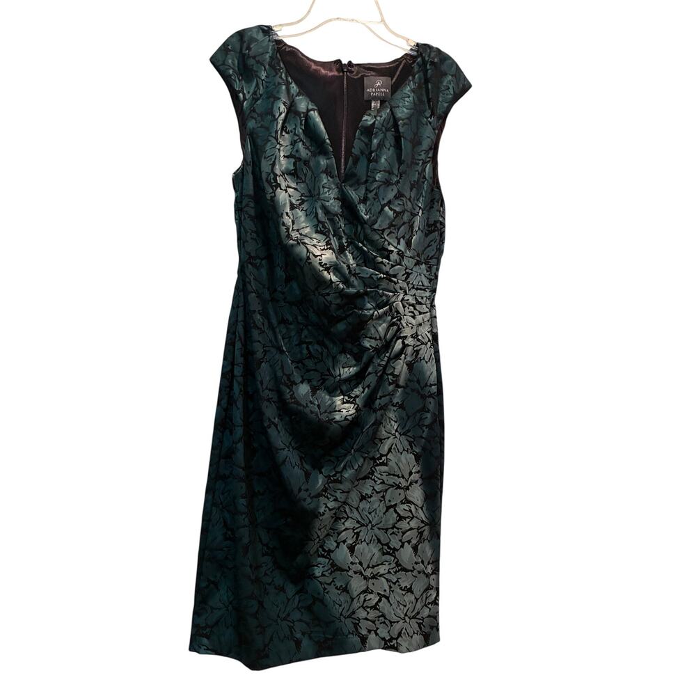 Adrianna Papell Green Black Floral Jacquard Ruched Cowl Sheath Dress